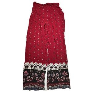 Shosho Womens Red Paisley Floral Border Print Wide Leg Boho Pants Large R22SET55